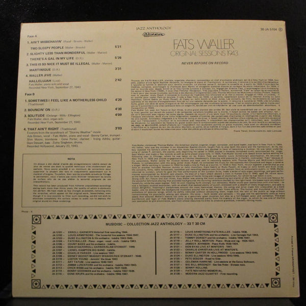 Fats Waller - Original Sessions 1943 LP Mint- JA 5104 Mono France Vinyl Record - Shuga Records