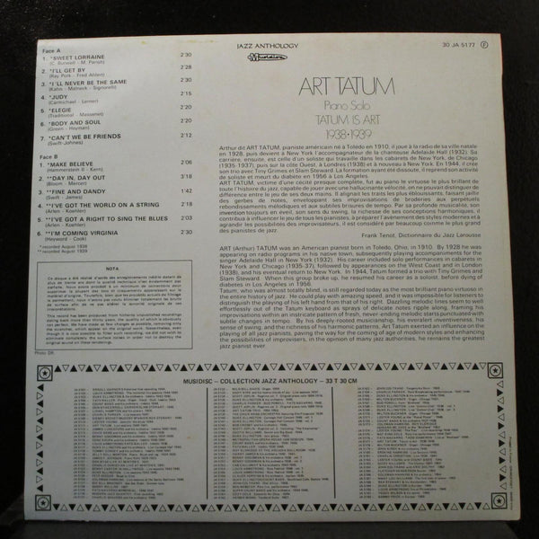 Art Tatum - Piano Solo Tatum Is Art 1938-1939 LP Mint- JA 5177 Mono France - Shuga Records
