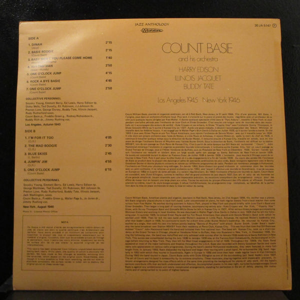 Count Basie Ft Edison, Jacquet, Tate - LA 1945, NY 1946 LP Mint- JA 5147 France - Shuga Records