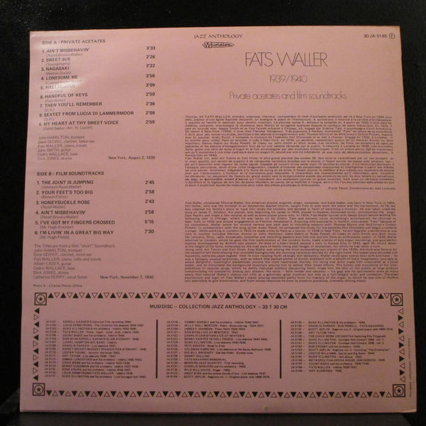 Fats Waller - 1939/1940 - Privates Acetates & Film Soundtracks LP Mint- JA 5148 - Shuga Records