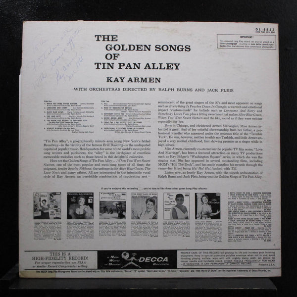 Kay Armen - Golden Songs Of Tin Pan Alley LP VG+ DL 8835 Promo Mono Vinyl Record - Shuga Records