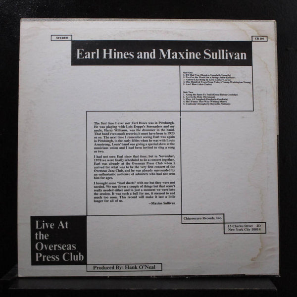 Earl Hines And Maxine Sullivan - Live At The Overseas Press Club LP Mint- CR-107 - Shuga Records