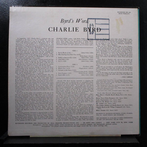 Charlie Byrd - Byrd's Word LP VG+ RM 448 Mono 1st Reel-To-Reel Blue Vinyl Record - Shuga Records