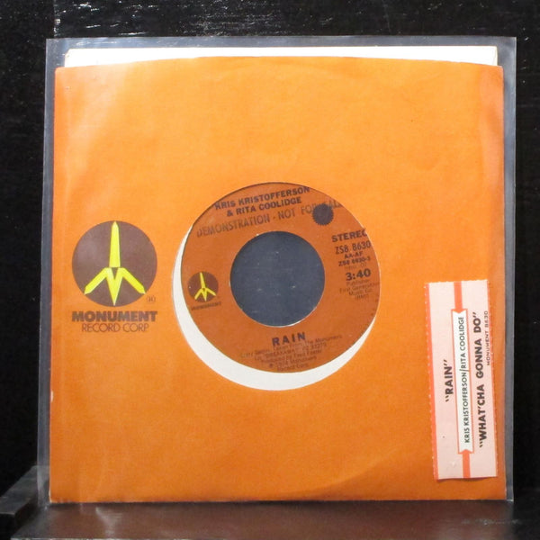 Kris Kristofferson & Rita Coolidge - Rain 7" VG+ Promo Vinyl 45 ZS8 8630 USA - Shuga Records