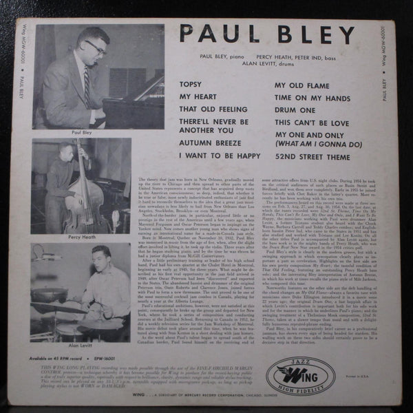 Paul Bley - Paul Bley LP VG MGW-60001 Mono 1954 Wing USA Vinyl Record - Shuga Records