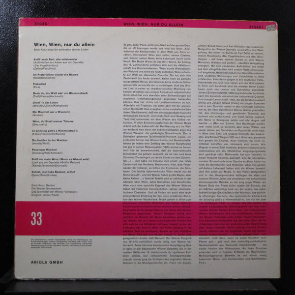 Erich Kunz - Wien Wien Nur Du Allein LP VG+ 31 046 1 Germany Mono Vinyl Record - Shuga Records