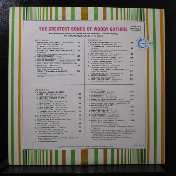 Various - The Greatest Songs Of Woody Guthrie 2 LP VG+ VSD-36 USA 1972 Record - Shuga Records