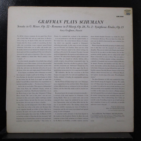Gary Graffman - Graffman Plays Schumann LP VG+ LM 2190 Mono 1958 Vinyl Record - Shuga Records