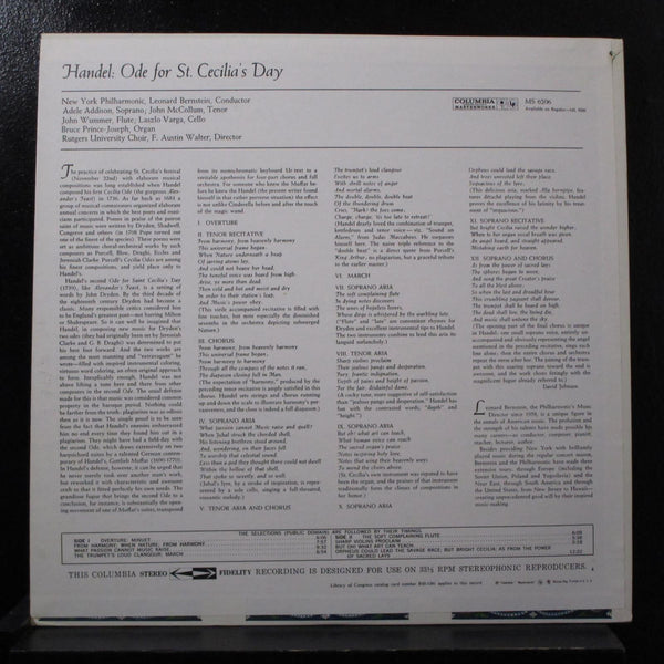 Handel, Bernstein - Ode For Saint Cecilia's Day LP Mint- MS 6206 Grey 2i 360 - Shuga Records