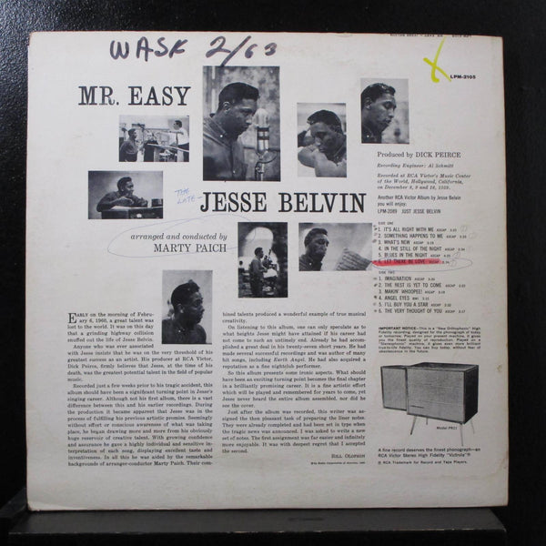 Jesse Belvin Ft. Art Pepper, Marty Paich - Mr. Easy LP VG+ LPM 2105 Mono Record - Shuga Records