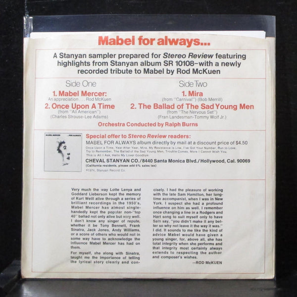 Mabel Mercer - For Always 7" VG+ Promo Vinyl 45 Stanyan SRS 238 USA 1974 - Shuga Records