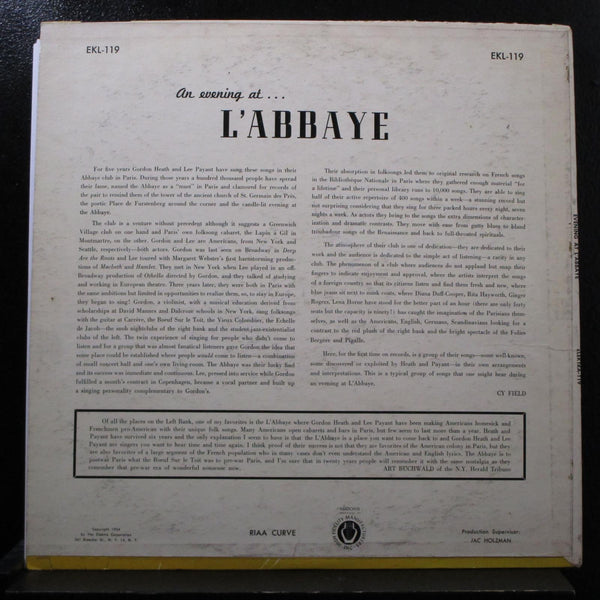 Gordon Heath And Lee Payant - An Evening At L'Abbaye LP VG+ EKL-119 Mono Record - Shuga Records