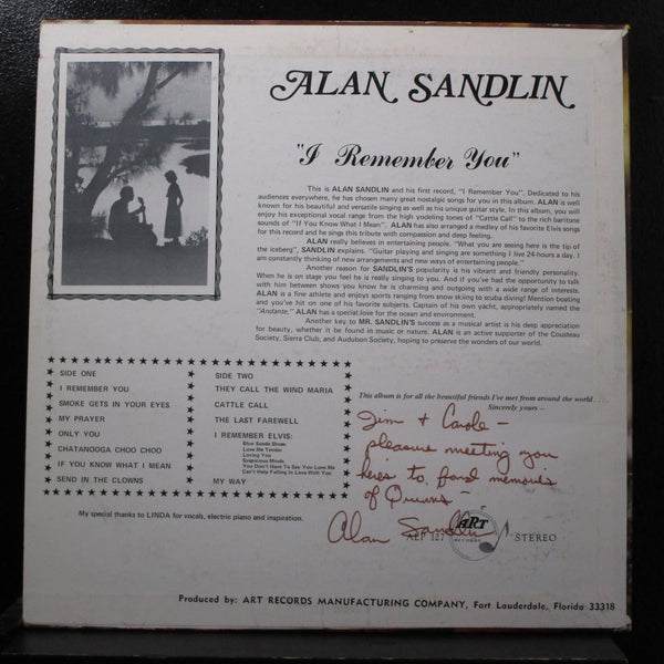 Alan Sandlin - I Remember You LP VG+ ALP-127 Private Signed / Autographed Record - Shuga Records