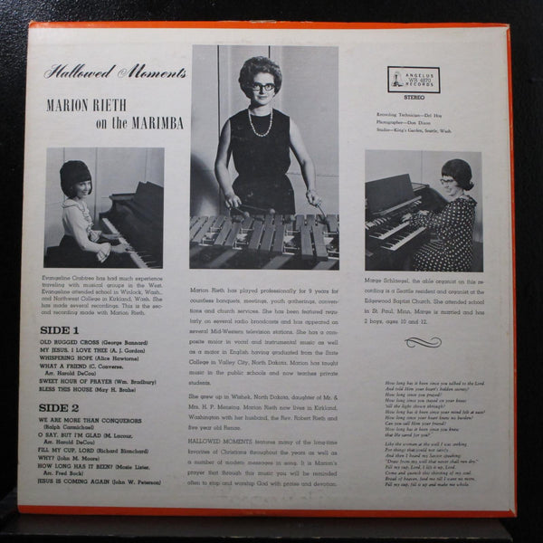 Marion Rieth - Hallowed Moments- VG+ LP Record 1965 Angelus Vinyl - Jazz / Gospel - Shuga Records
