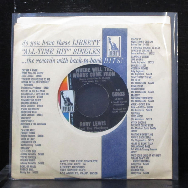 Gary Lewis & The Playboys - Where Will The Words Come From 7" VG+ Vinyl 45 55933 - Shuga Records