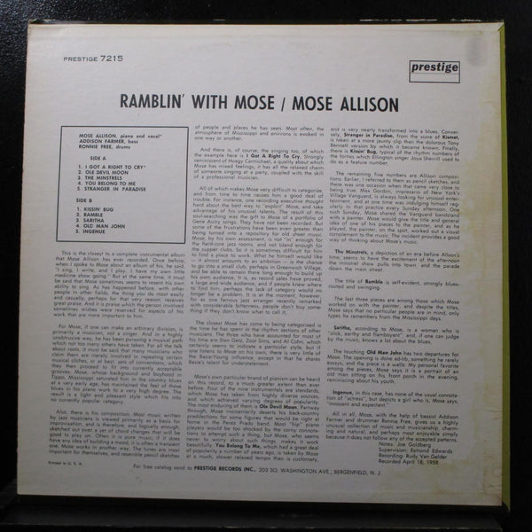Mose Allison - Ramblin' With Mose LP VG+ PRLP 7215 Mono RVG 203 S Washington - Shuga Records