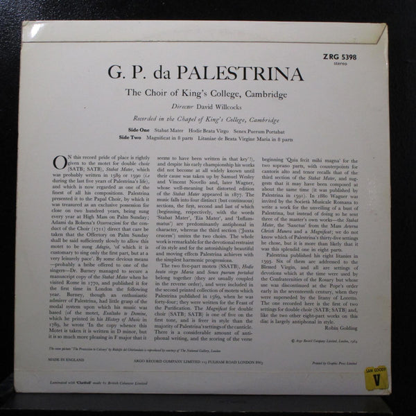 G.P Da Palestrina, David Willcocks - Stabat Mater LP Mint- ZRG 5398 UK 1964 1st - Shuga Records