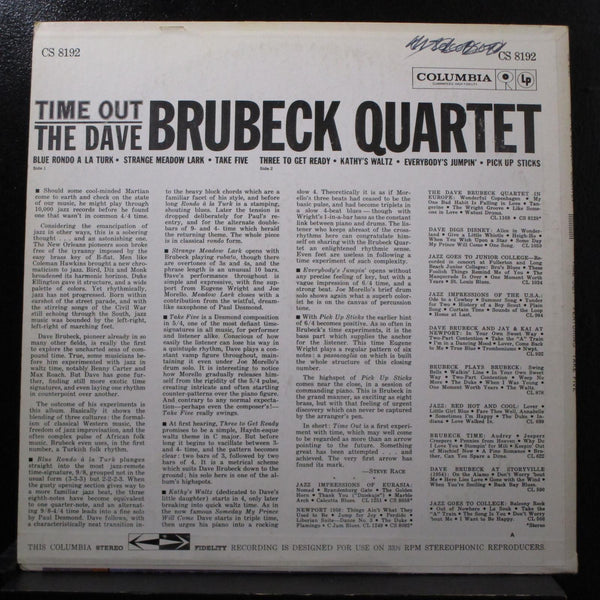 The Dave Brubeck Quartet - Time Out LP VG+ CS 8192 Stereo 360 Sound Vinyl Record - Shuga Records