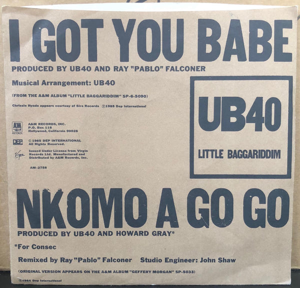 UB40 - I Got You Babe / I Got You Babe 7" VG+ AM-2758 Vinyl 45 Promo A&M 1985 - Shuga Records