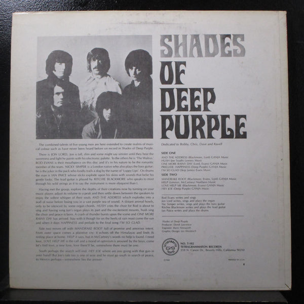 Deep Purple - Shades Of Deep Purple - VG+ LP Record 1968 Tetragrammaton USA Original Vinyl - Psychedelic Rock - Shuga Records