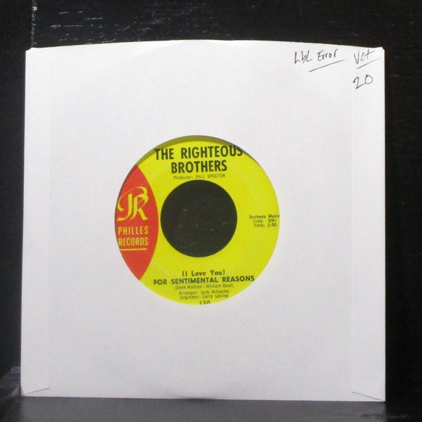Righteous Brothers - For Sentimental Reasons 7" VG+ Vinyl 45 Philles label error - Shuga Records