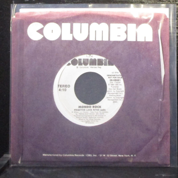 Mondo Rock - Primitive Love Rites 7" Mint- Promo Vinyl 45 Columbia 38-06981 USA - Shuga Records