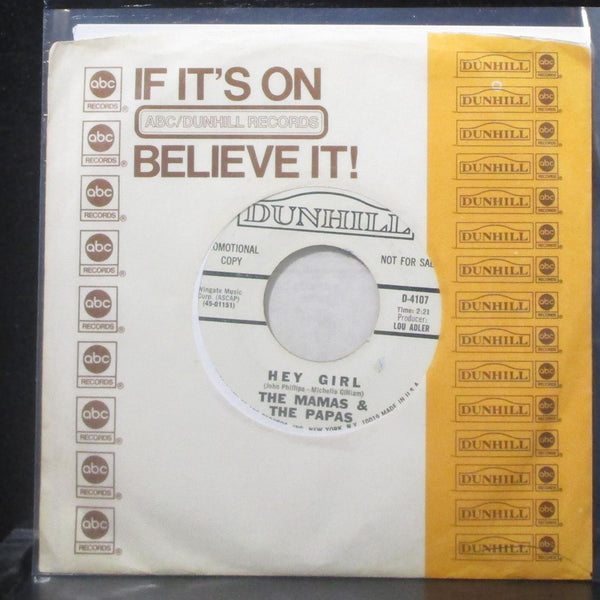 The Mamas & The Papas - Hey Girl / Glad To Be Unhappy 7" VG+ Promo Vinyl 45 - Shuga Records
