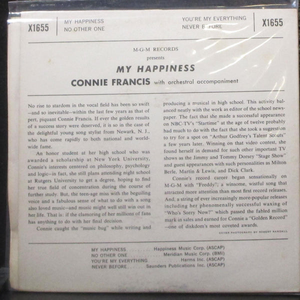 Connie Francis - My Happiness EP 7" VG+ Vinyl 45 MGM X1655 USA - Shuga Records