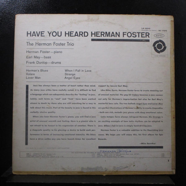 The Herman Foster Trio - Have You Heard Herman Foster - VG LP Record 1960 Epic USA Mono Original Promo Vinyl - Jazz / Hard Bop - Shuga Records