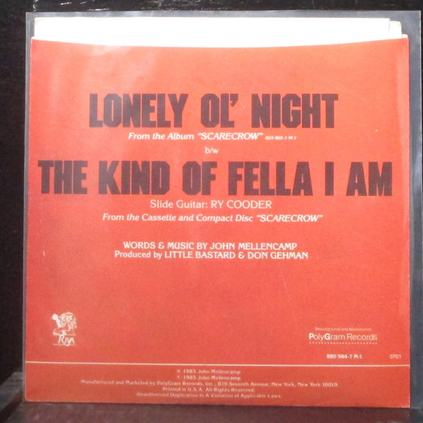 John Cougar Mellencamp - Lonely Ol' Night 7" Mint- Promo Vinyl 45 Riva 880 984-7 - Shuga Records