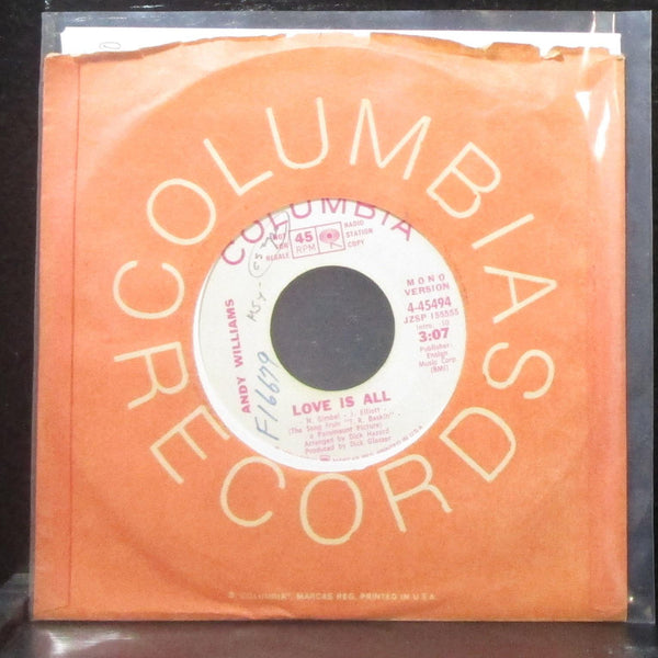Andy Williams - Love Is All 7" VG+ Promo Vinyl 45 Columbia 4-45494 USA 1971 - Shuga Records