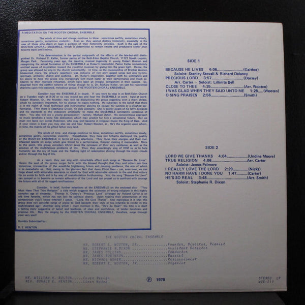 The Wooten Choral Ensemble - Because He Lives LP Mint- WCE-217 Vinyl Record - Shuga Records