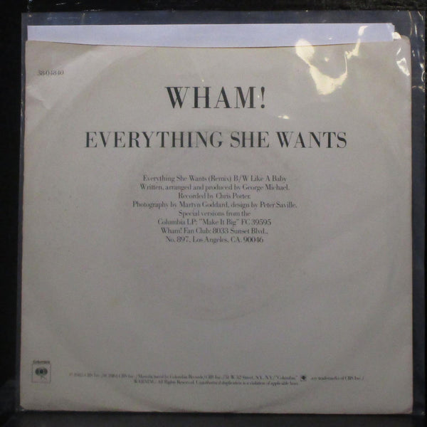 Wham! - Everything She Wants / Like A Baby 7" Mint- Vinyl 45 Columbia 38-04840 - Shuga Records
