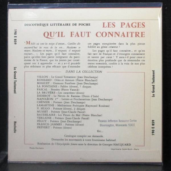 Villon - Le Grand Testament 7" Mint- Vinyl 45 L'Encyclopdie Sonore France - Shuga Records