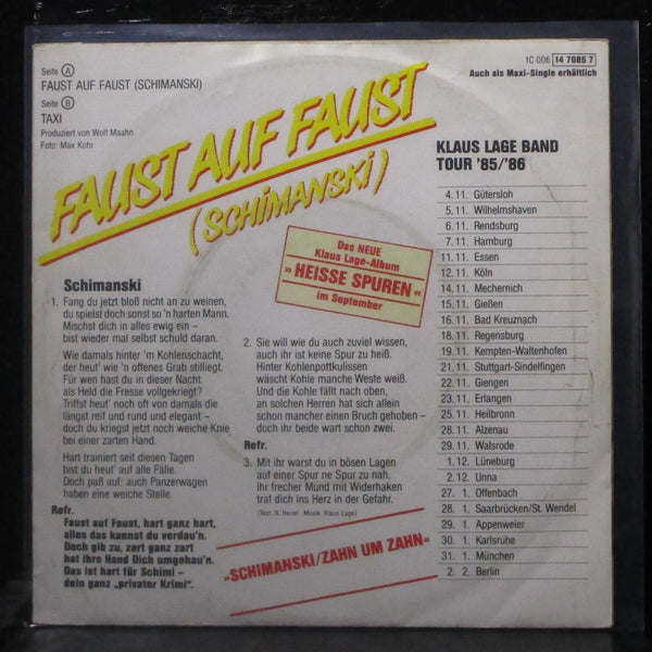 Klaus Lage Band - Faust Auf Faust / Taxi 7" VG+ Vinyl 45 Musikant Germany 1985 - Shuga Records