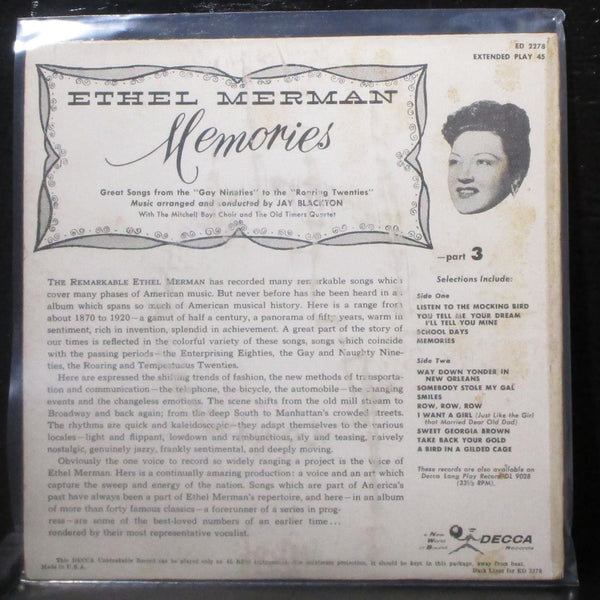 Ethel Merman - Memories, Part 3 EP 7" VG+ Vinyl 45 Decca ED 2278 USA CW SS - Shuga Records