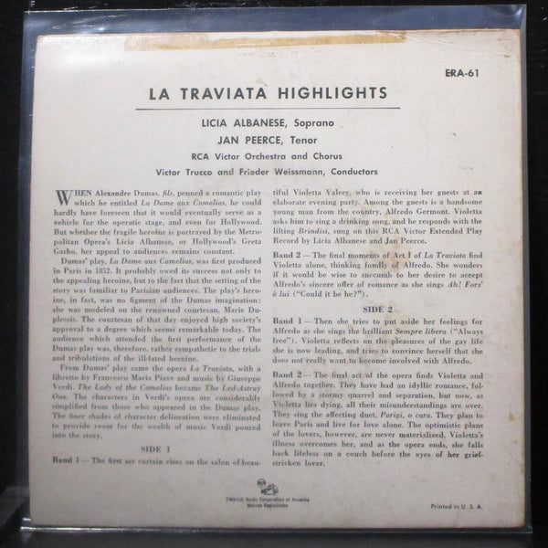 Licia Albanese, Jan Peerce - Verdi: Traviata Highlights EP 7" VG+ Vinyl 45 RCA - Shuga Records