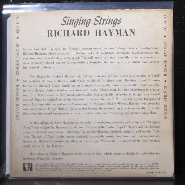 Richard Hayman - Singing Strings EP 7" VG Vinyl 45 Mercury EP-1-3133 USA - Shuga Records