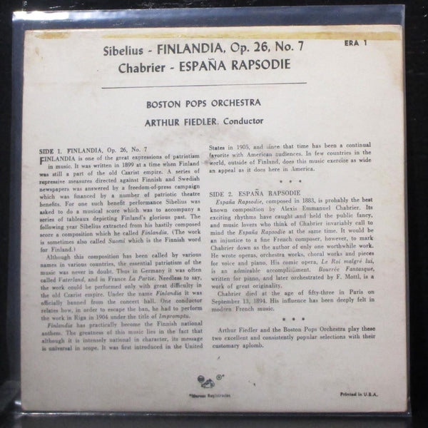 Arthur Fiedler - Finlandia / Espana Rapsodie 7" VG+ Vinyl 45 RCA ERA-1 USA 1952 - Shuga Records
