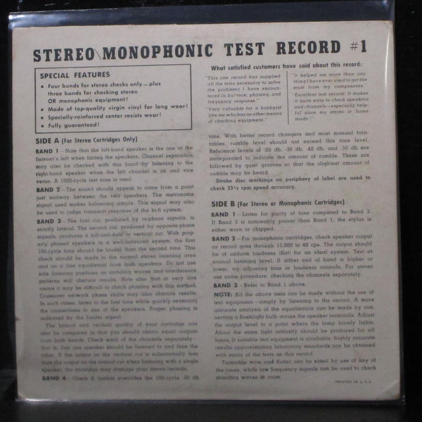 No Artist - Stereo-Monophonic Test Record #1 7" VG+ Vinyl 33 HiFi/Stereo Review - Shuga Records