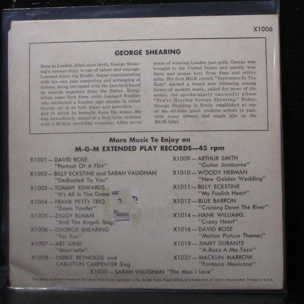 The George Shearing Quintet - For You EP 7" VG+ Vinyl 45 MGM X1006 USA - Shuga Records