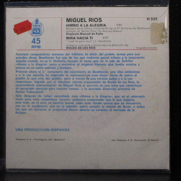 Miguel Rios - Himno A La Alegria / Mira Hacia Ti 7" VG+ Vinyl 45 Hispavox Spain - Shuga Records