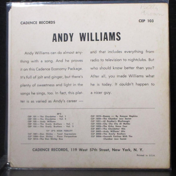 Andy Williams - Canadian Sunset EP 7" VG+ Vinyl 45 Cadence CEP-103 USA - Shuga Records