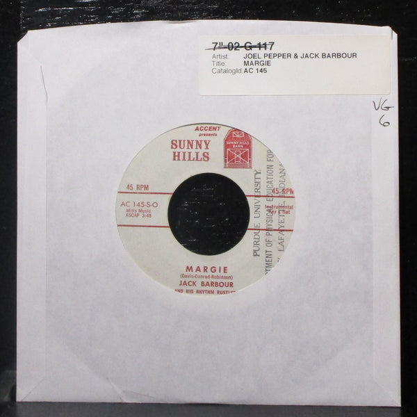 Joel Pepper, Jack Barbour & Rhythm Rustlers - Margie 7" VG Vinyl 45 Sunny Hills - Shuga Records