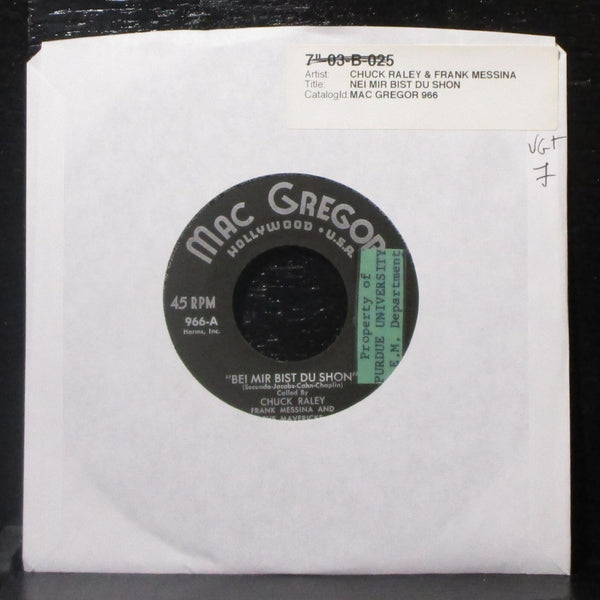 Chuck Raley, Frank Messina & Mavericks - Bei Mir Bist Du Shon 7" VG+ Vinyl 45 - Shuga Records