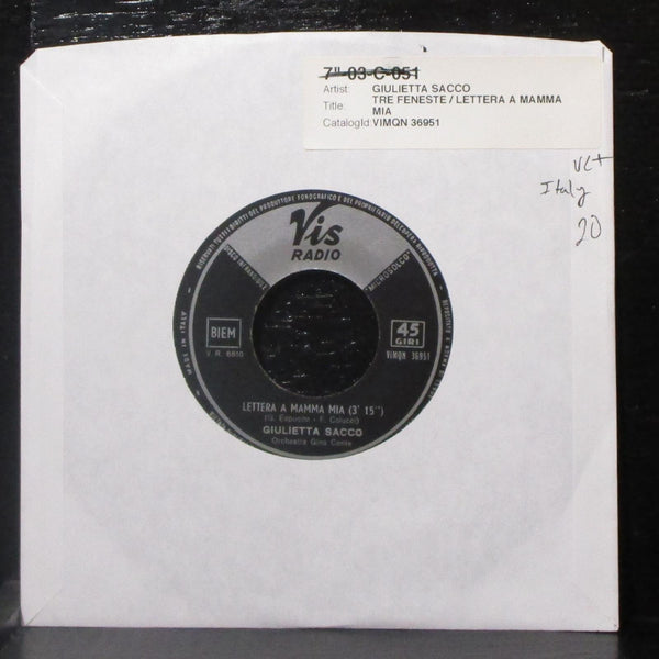 Giulietta Sacco - Lettera A Mamma Mia / Tre Feneste 7" VG+ 45 Vis Radio Italy - Shuga Records