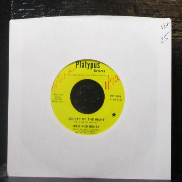 Milk And Honey - Secret Of The Night / Promises To Keep 7" VG+ Vinyl 45 Platypus - Shuga Records