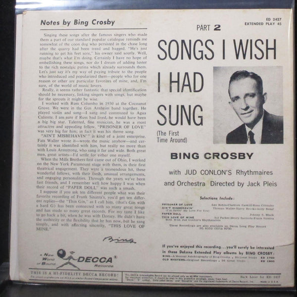 Bing Crosby - Songs I Wish I Had Sung Part 2 7" VG+ Vinyl 45 Decca ED 2427 USA - Shuga Records