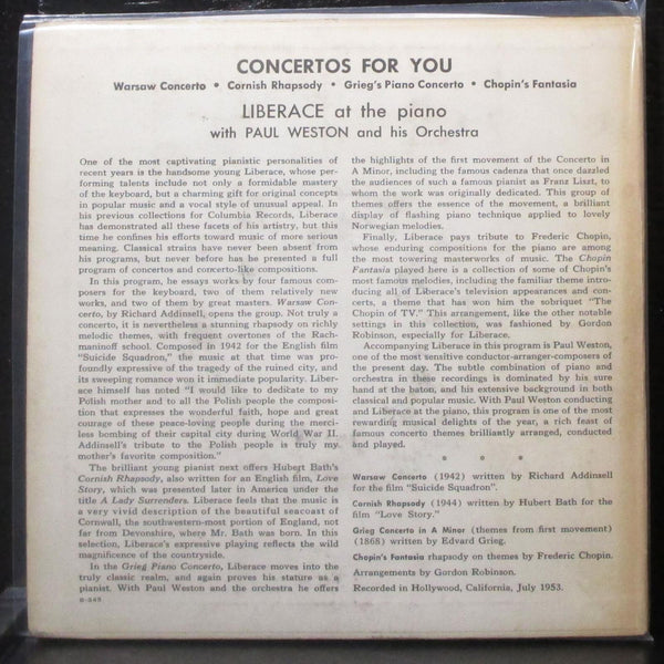 Liberace & Paul Weston - Concertos For You EP 7" VG+ Vinyl 45 Columbia B-345 USA - Shuga Records