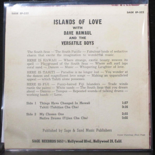 Dave Hawaul & Versatile Boys - Islands Of Love EP 7" VG+ Vinyl 45-322 Sage USA - Shuga Records